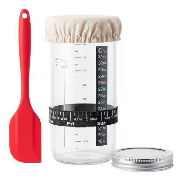 32 oz. Glass Sourdough Starter Jar Fermentation Kit with Thermometer, Feeding Band, Lid and Cover, 1 Pack
