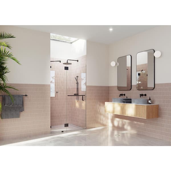 Mimas 45 in. W x 78 in. H Glass Hinged Frameless Towel Bar Shower Door in Matte Black with Clear Glass