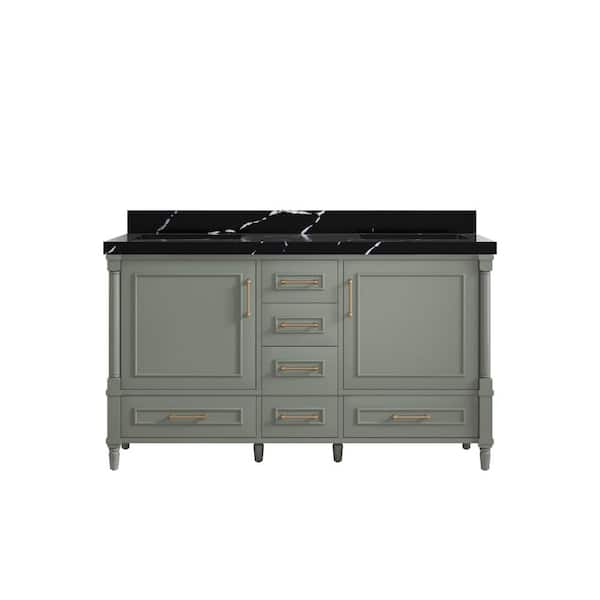 Willow Collections Hudson 60 in. W x 22 in. D x 36 in. H Double Sink Bath Vanity in Evergreen with 2 in. Calacatta Black Quartz Top
