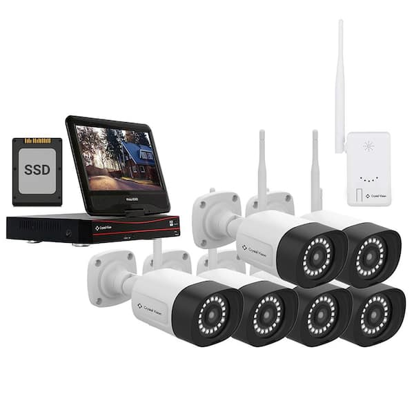 Crystal Vision 8 Ch Wireless NVR kit w/10.1 inch & 1TB 3D NAND SSD and  Range Extender (6x 3MP Floodlight Audio Panic Siren Cameras)