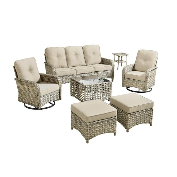 Vinceny Gray 7-Piece Wicker Patio Conversation Set with Beige Cushions and Swivel Chairs