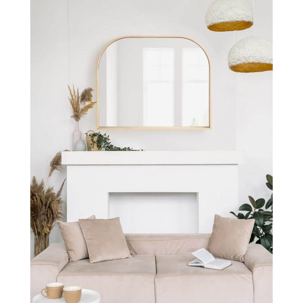 Round Gold Wood Vanity Mirror, 28x34 Inches