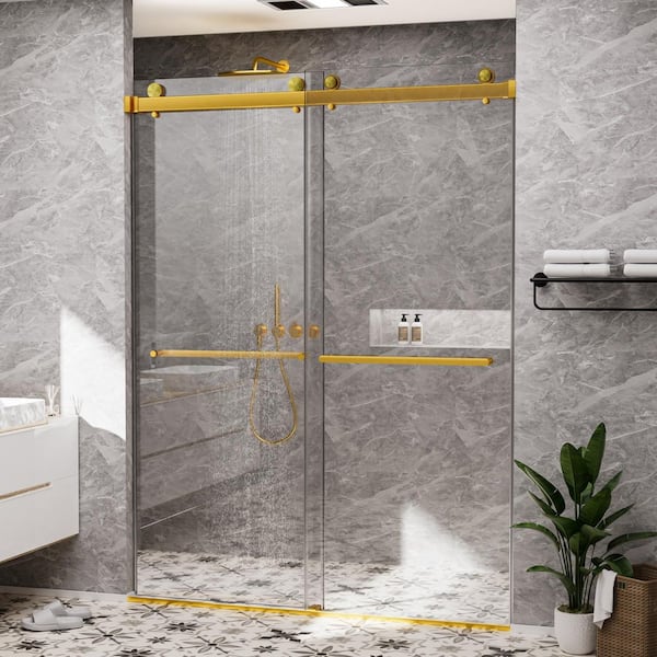 60 in. W x 80 in. H Double Sliding Frameless Shower Door in Brushed Gold with Smooth Sliding and 3/8 in. Clear Glass