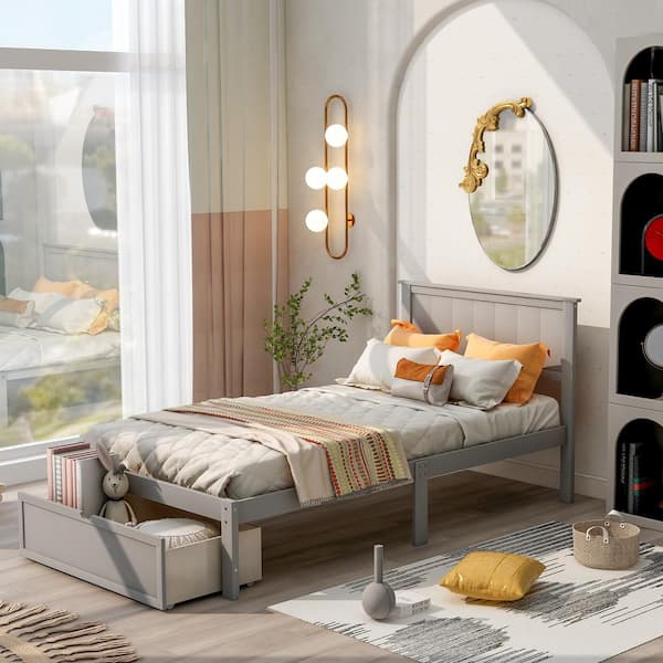 URTR 76 in. W Gray Twin Bed Frame, Wood Twin Platform Bed Frame with Storage Drawer, Wood Twin Bed Frame with Headboard
