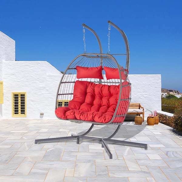 Runesay 60.1 in. 2-person Wicker Patio Swings With Cushions Outdoor Rattan Furniture Hanging Chair Egg Chair in Red