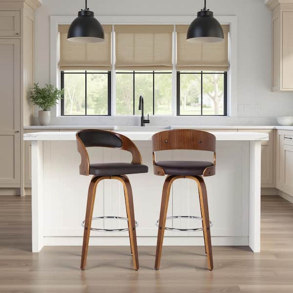 Shelly 37 in. H Brown Low Back Wood Bar Stool with Faux Leather Seat (Set of 2)