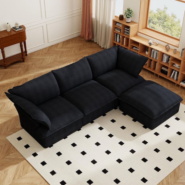 Magic Home L-Shaped 123 in. Flared Arm Down Filled Linen Modular Cloud Sofa with Washable Cover, Ottoman in. Black