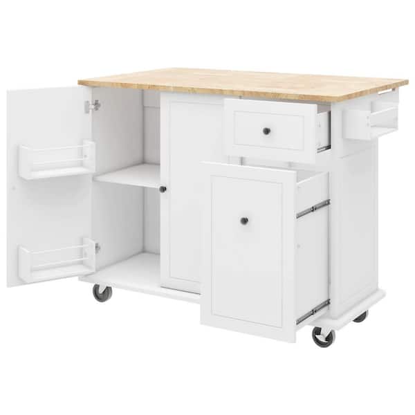 WarmieHomy Kitchen Cart on Wheels with Drop Leaf and 3-Tier Pull Out Organizer, Spice Rack, Towel Rack in White