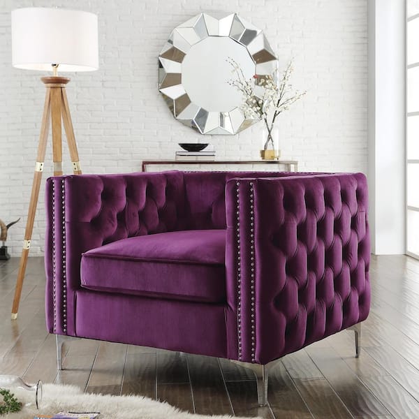 Inspired Home Olivia Velvet Club Arm Chair Purple Button Tufted Nailhead Trim Metal Y-Leg
