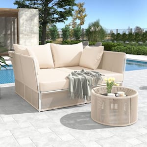 2-Piece White Metal Outdoor Patio Day Bed with Beige Cushions, Clear Tempered Glass Table and Natural Rope