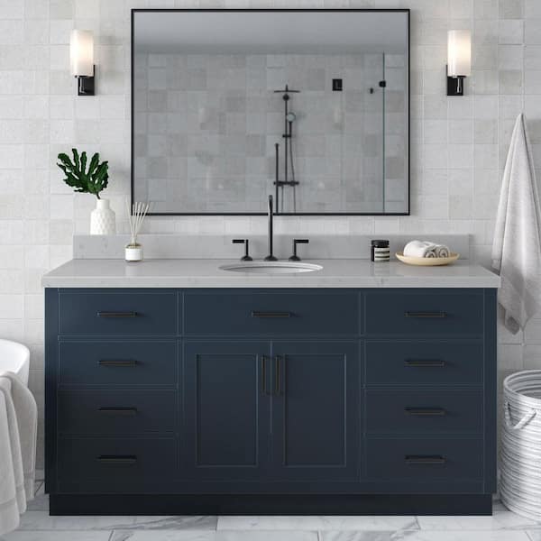 ARIEL Hepburn 66 in. W x 22 in. D x 36 in. H Single Sink Freestanding Bath Vanity in Midnight Blue with Carrara Qt. Top