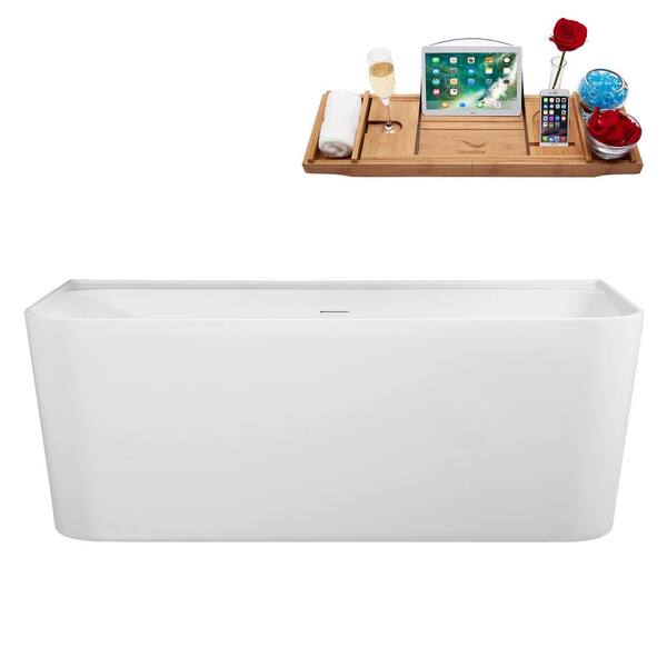Streamline 59 in. x 30 in. Acrylic Freestanding Soaking Bathtub in Glossy White with Matte Oil Rubbed Bronze Drain, Bamboo Tray