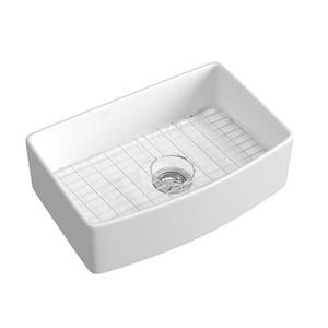 33 in. x 20 in. Drop-in/Undermount Single Bowl White Fireclay Curved Apron Front Kitchen Sink with Grid and Strainer