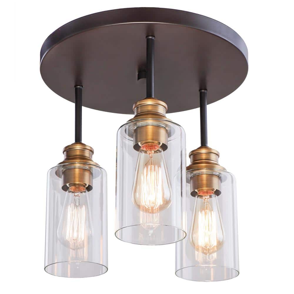 Solero 13 in. 3-Light Bronze and Antique Brass Flush Mount with Clear Shade