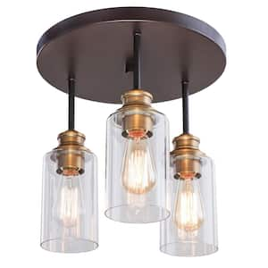 Solero 13 in. 3-Light Bronze and Antique Brass Flush Mount with Clear Shades