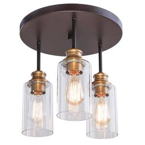 Solero 13 in. 3-Light Bronze and Antique Brass Flush Mount with Clear Shades