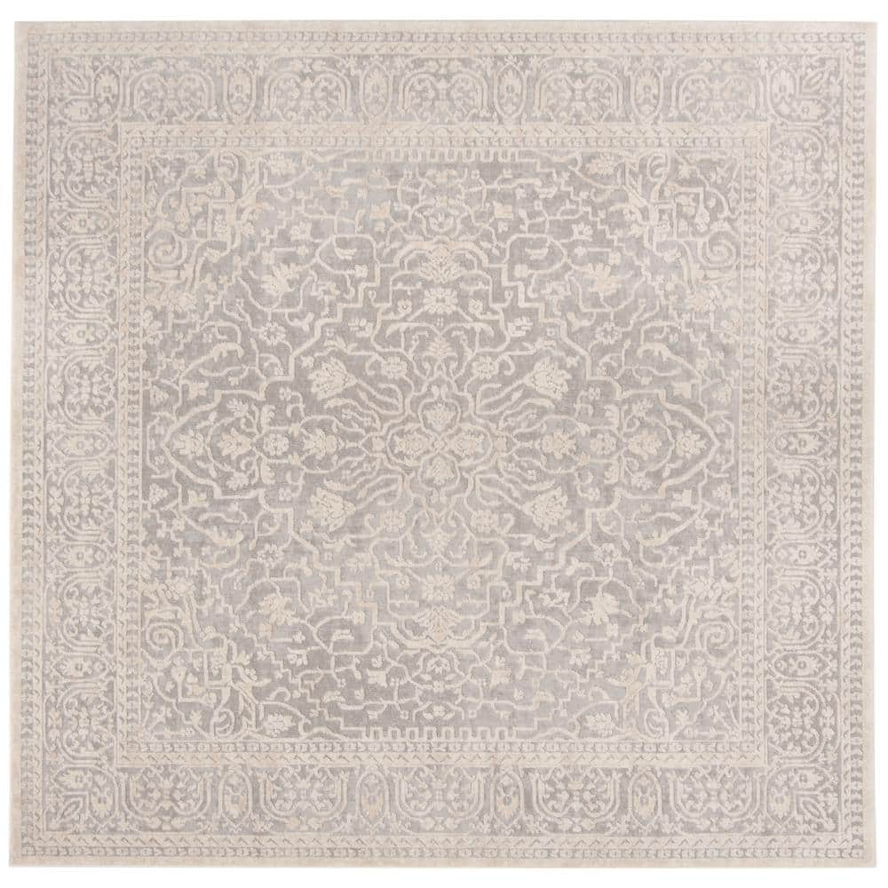 Light Grey and Cream Floral Square Synthetic Area Rug