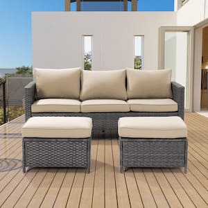 3-Piece Grey Rattan Patio Sofa Set Outdoor Furniture Set 3-Seat Sofa Ottomans With Cushions, Linen Flax Beige