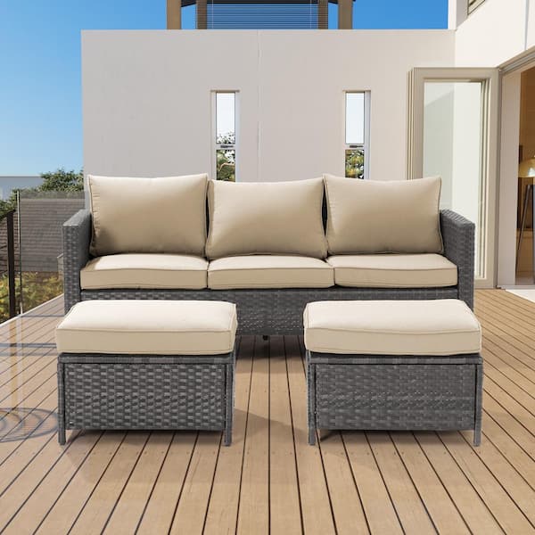 Sonkuki 3-Piece Grey Rattan Patio Sofa Set Outdoor Furniture Set 3-Seat Sofa Ottomans With Cushions, Linen Flax Beige