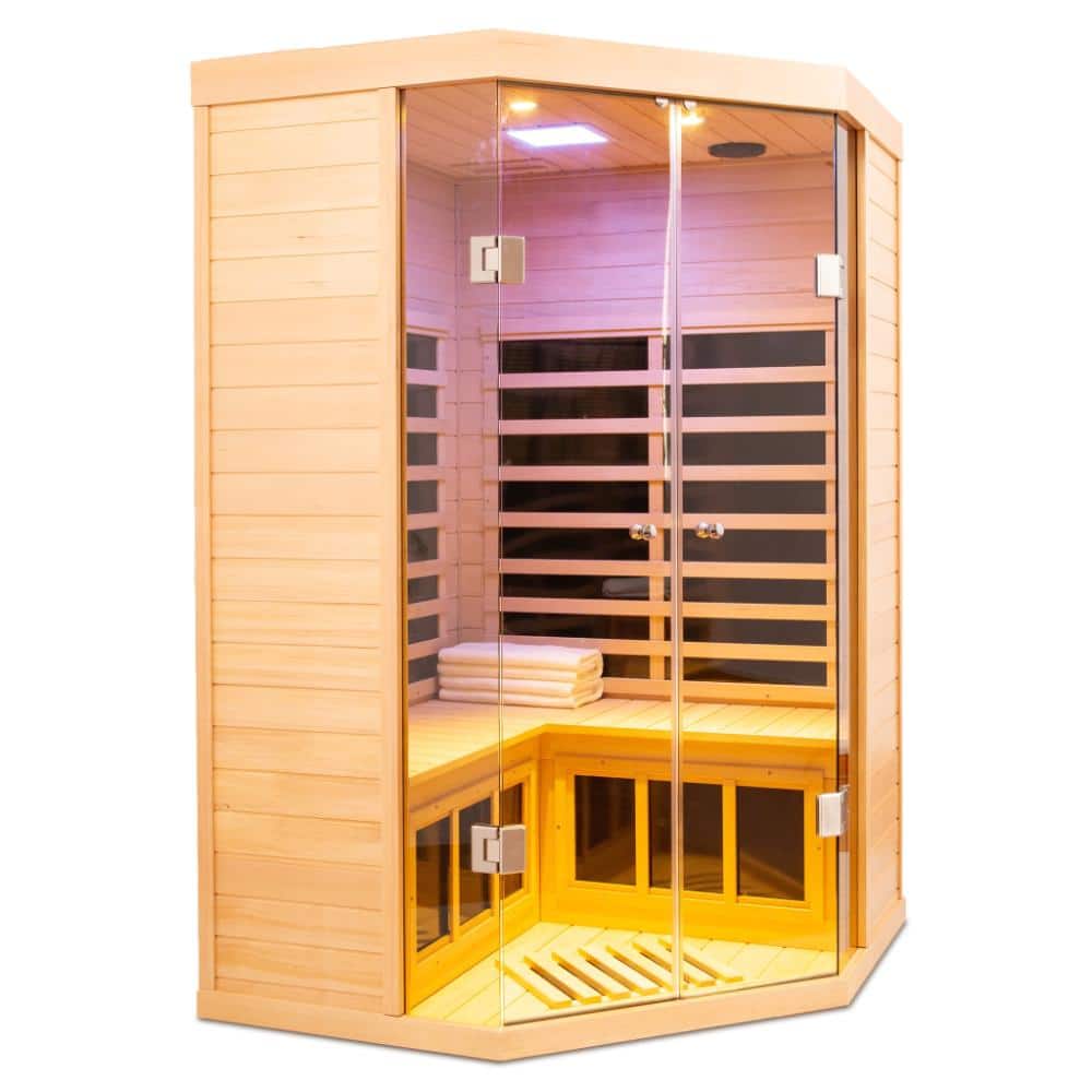 2-Person Low EMF Far-infrared Indoor Corner Hemlock Sauna Room with Heating Panel on the Glass Door