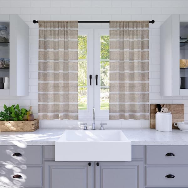 CLEAN WINDOW Aso Twill Stripe Linen Blend 52 in. W x 24 in. L Sheer Rod  Pocket Kitchen Curtain Tier Pair in White/Linen 57753 - The Home Depot