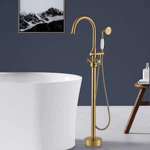 2-Handle Cross Handle Freestanding Tub Faucet with Hand Shower in Brushed Brass