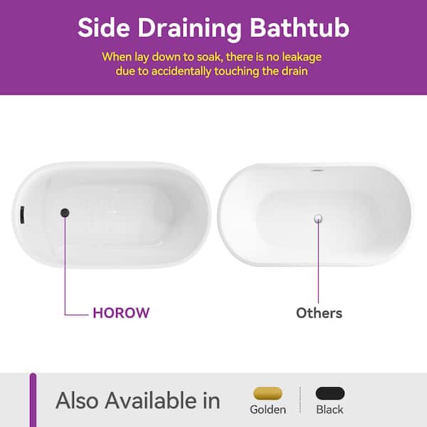59 in. x 27.6 in. Soaking Bathtub with Side Drain in White/Golden