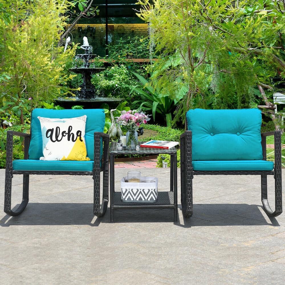 Outdoor 3 Pieces Rattan Rocking Chair Set With Turquoise Cushions
