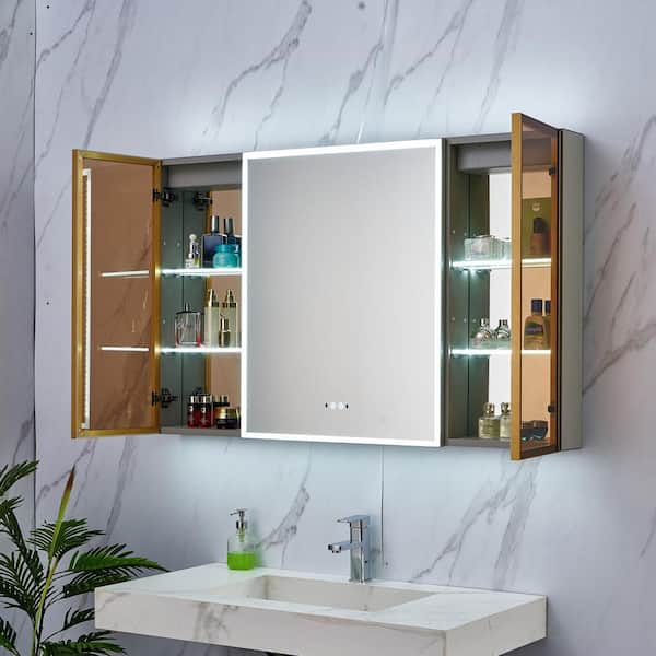 48 In W X 30 H Rectangular Gold Aluminum Medicine Cabinets With Mirror Led Lighted Bathroom Cabinet Zt D0102h20mwv The