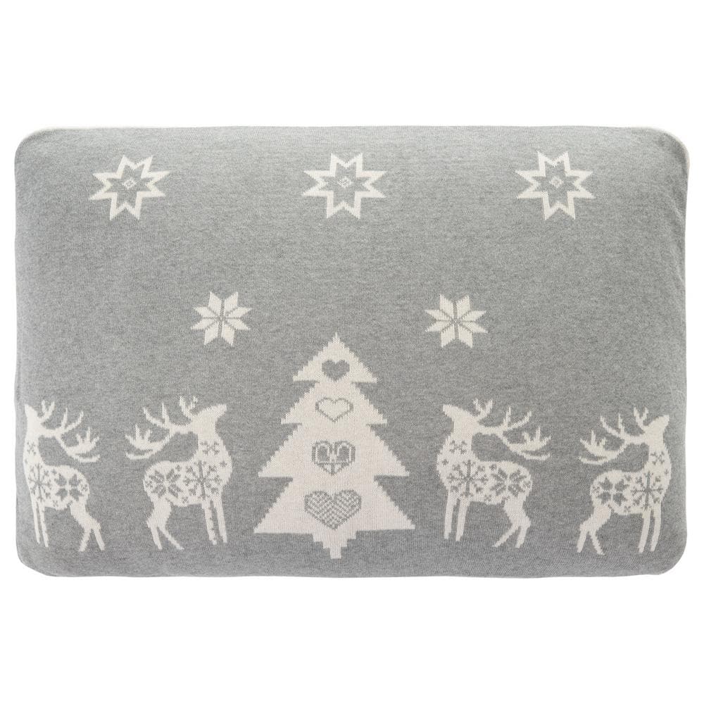Grey Cotton Christmas Pillow with Reindeer and Snowflakes