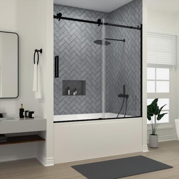 niveal Vista 60 in. W x 60 in. H Sliding Semi-Frameless Tub Door in Matte Black Finish with Clear Glass