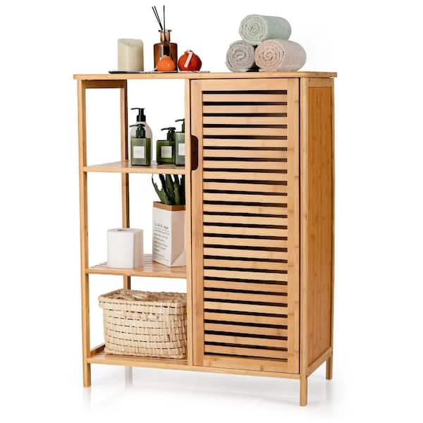 Bamboo Bathroom Cabinet, Single Door Storage with Shelf, Freestanding Floor Organizer