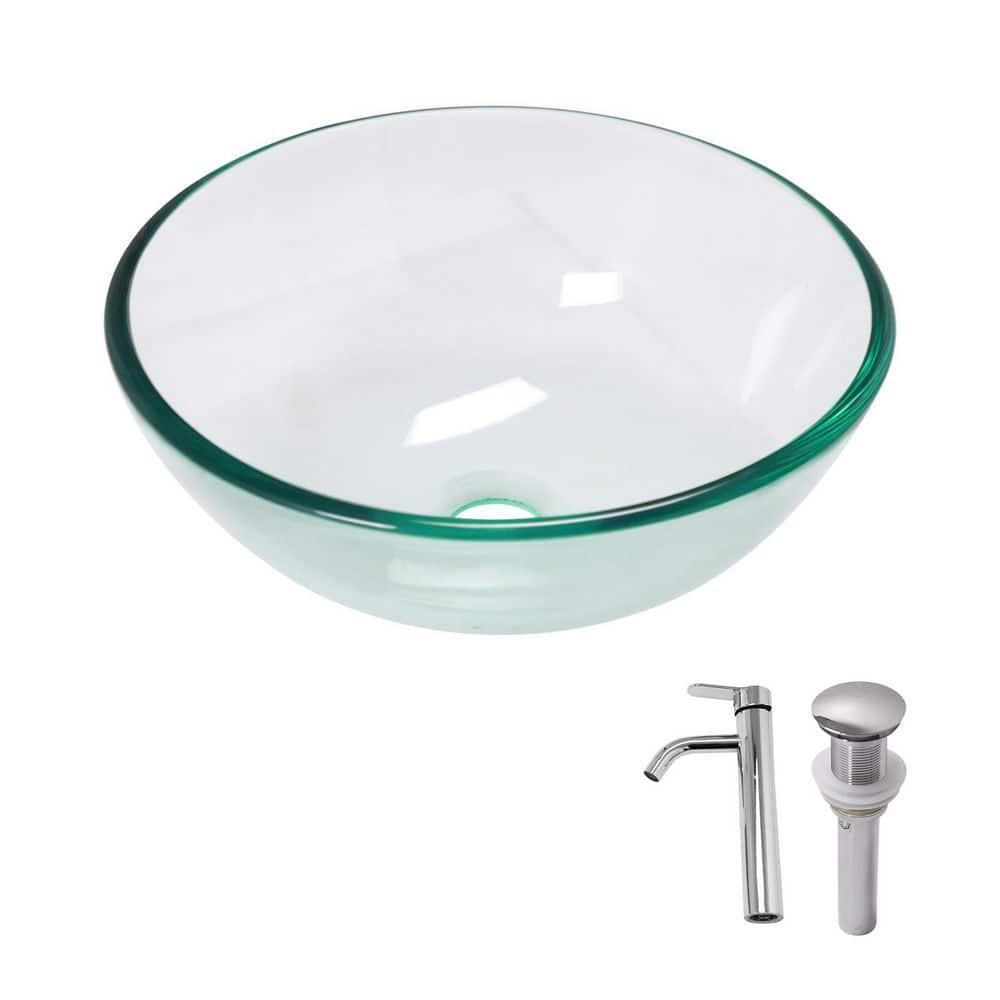 16.5 in. Round Bowl Vessel Bathroom Sink in Clear Tempered Glass with Chrome Faucet and Pop-up Drain price history on PriceWatchPro