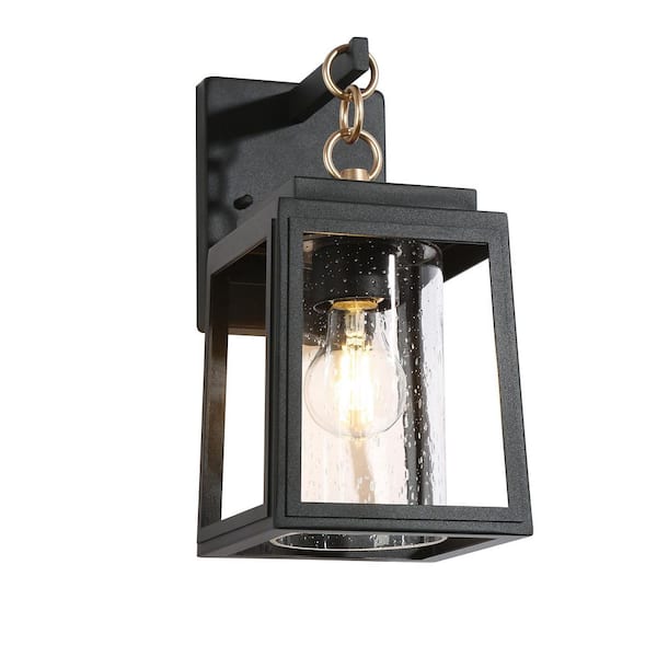 Uolfin 12 in. 1-Light Black Modern Outdoor Hardwired Wall Lantern Sconce with Seeded Glass Shade with No Bulbs Included