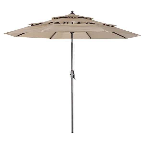 Unbranded 8.8 ft. 3-Tiers Patio Market Umbrella with Push Button Tilt, Crank and 8 Ribs in Beige
