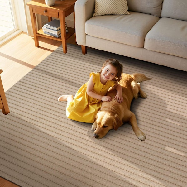 UltraPlush Touch 8 ft. x 10 ft. Beige Non-Slip Rubber Back Washable Polyester Stripes Indoor Area Rug