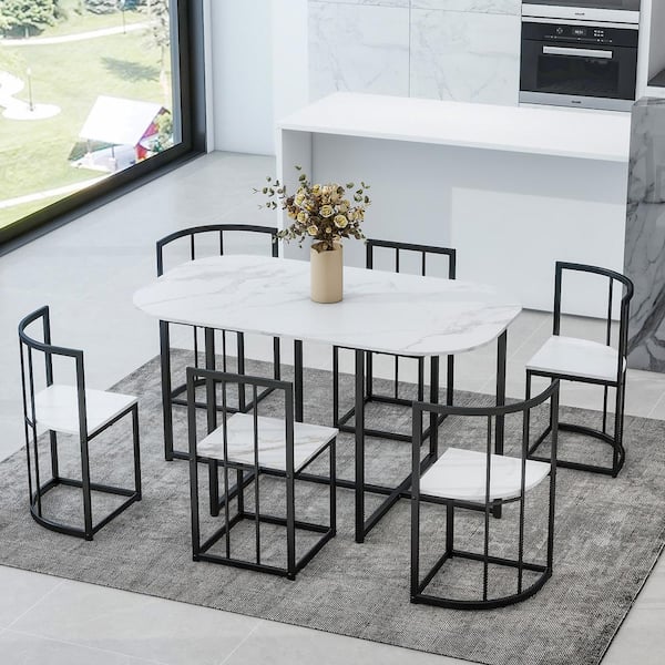 Harper & Bright Designs Black and White Modern 7-Pcs MDF and Faux Marble Top Dining Table Set with 6-Chairs Seats 6