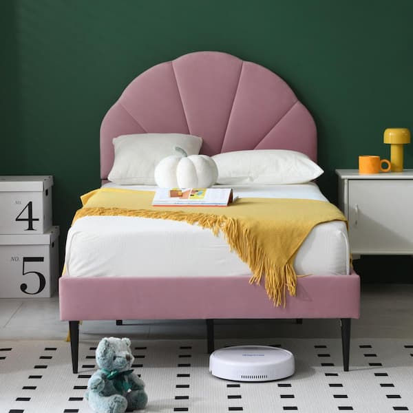 Ahokua Pink Frame Twin Size of Luxury Velvet Platform Bed with Seashell-Shaped Headboard