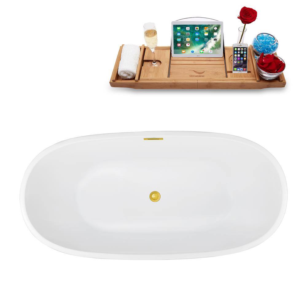 Glossy White Acrylic Freestanding Soaking Bathtub with Polished Gold Trim