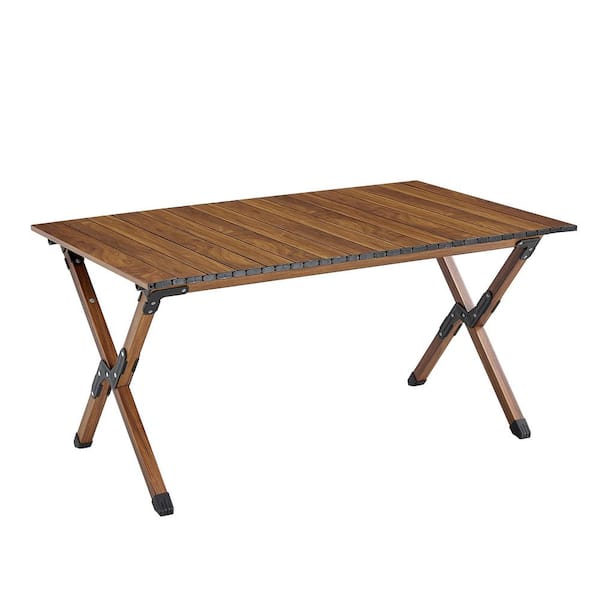 Zeus & Ruta 1-Piece 37 in. Brown Aluminum Frame Material Folding Outdoor Table, Roll-up Rectangular Table 6 Person Seating Capacity