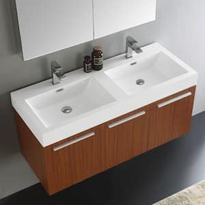 Vista 48 in. Vanity in Teak with Acrylic Vanity Top in White with White Basins and Mirrored Medicine Cabinet