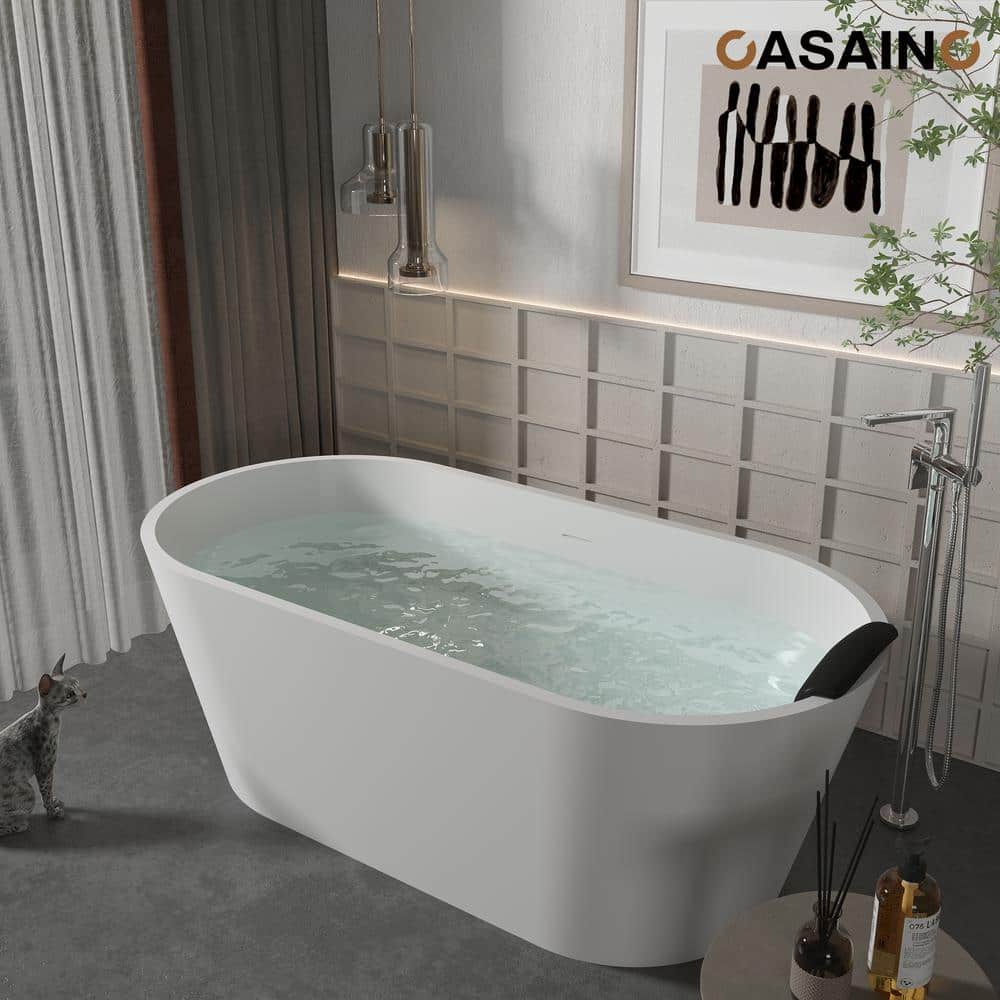 59" White Solid Surface Freestanding Soaking Bathtub with Black Pillow