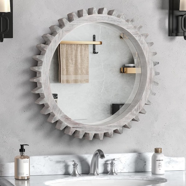 34 in. W x 34 in. H Round Framed Floating Bathroom Vanity Mirror in Antiqued White Solid Wood