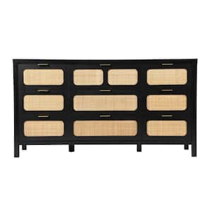 Black Wooden Rattan Woven 9-Drawer Storage Dresser Cabinet (15.55in D x 58.5in W x 31.49in H)