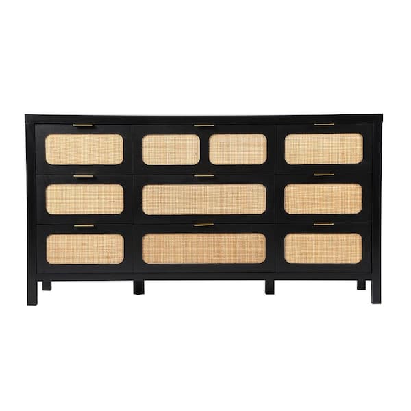 Black Wooden Rattan Woven 9-Drawer Storage Dresser Cabinet (15.55in D x 58.5in W x 31.49in H)