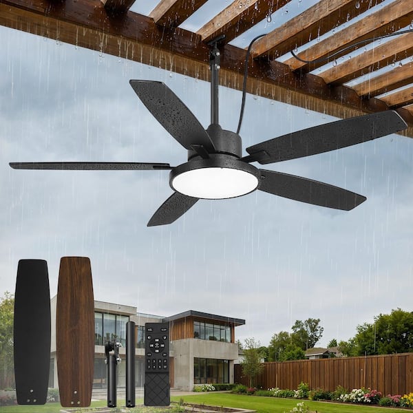 52 in. Black Downrod Waterproof Wet Rated Fandelier Outdoor Ceiling Fan with LED Light 3-CCT with Remote