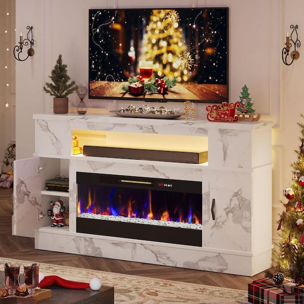 Bestier 63 in. White Marble TV Stand with Electric Fireplace Fits TV Up to 70 in. Entertainment Center with Cabinet