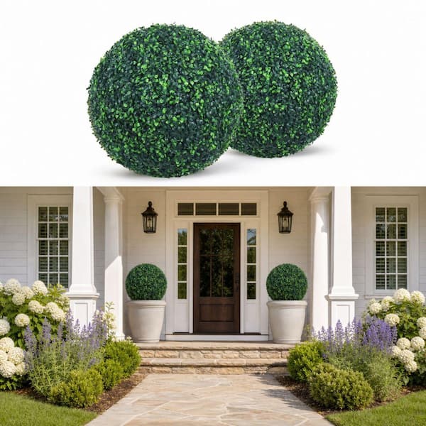 15 in. 2-Balls Artificial Green Boxwood Balls Grass Topiary Balls Tree for Backyard, Balcony, Garden, Wedding Decor