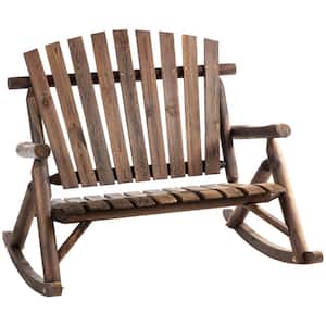 Charcoal Black Wood 2-Seat Adirondack Outdoor Rocking Chair with Log Slatted Design with High Back