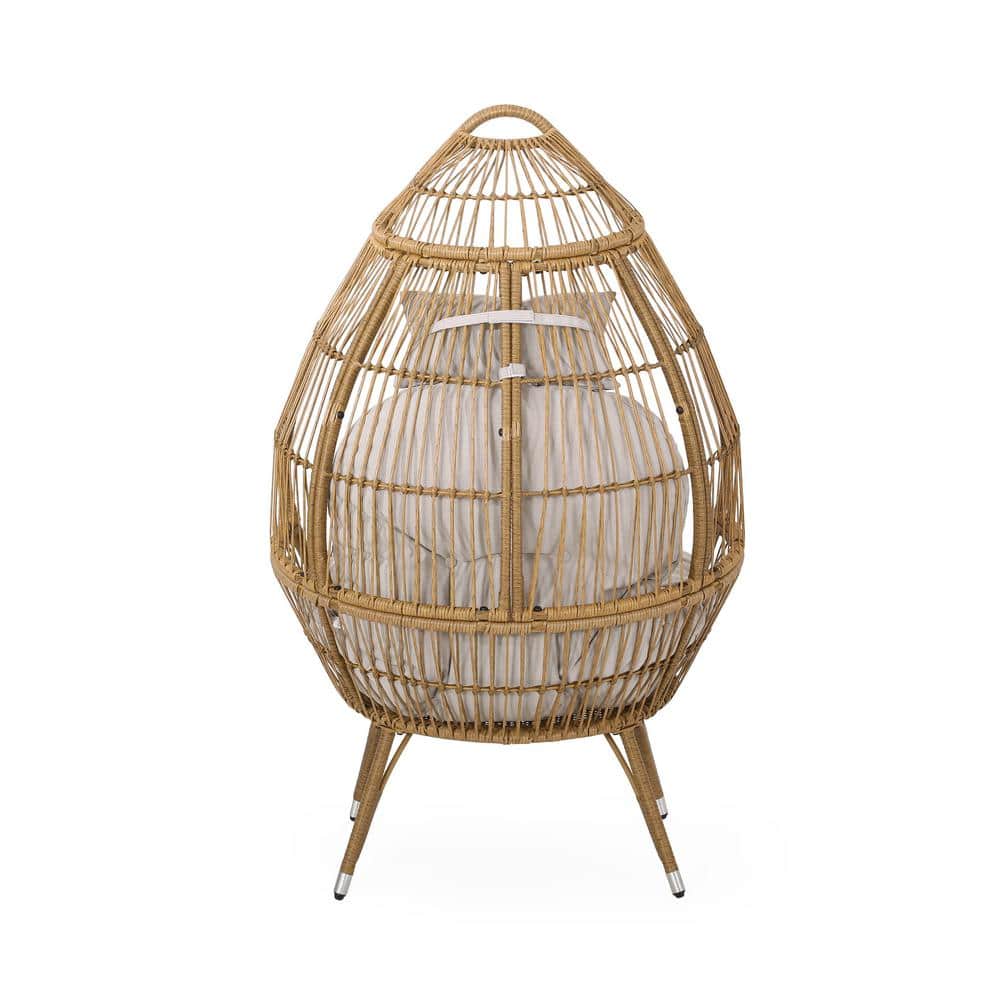 Serina Teardrop Wicker Outdoor Lounge Chair with Beige Cushions
